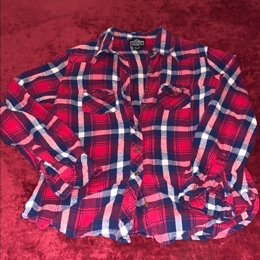 Women's Angie Plaid Red White Blue Flannel Button Down Western Grunge Shirt Med